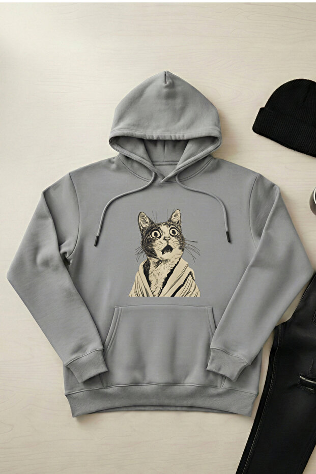 Confused Cat - Unisex Hooded Kangaroo Pocket 3 Thread Puff (with Fleece Inside) Sweatshirt