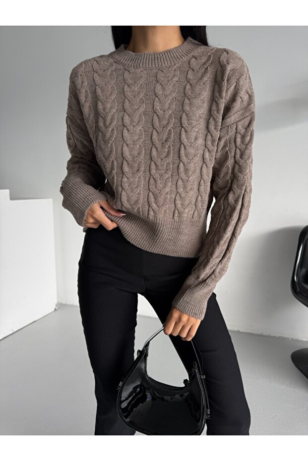 Hair Braid Pattern Medium Length Crew Neck Women's Knitwear Sweater