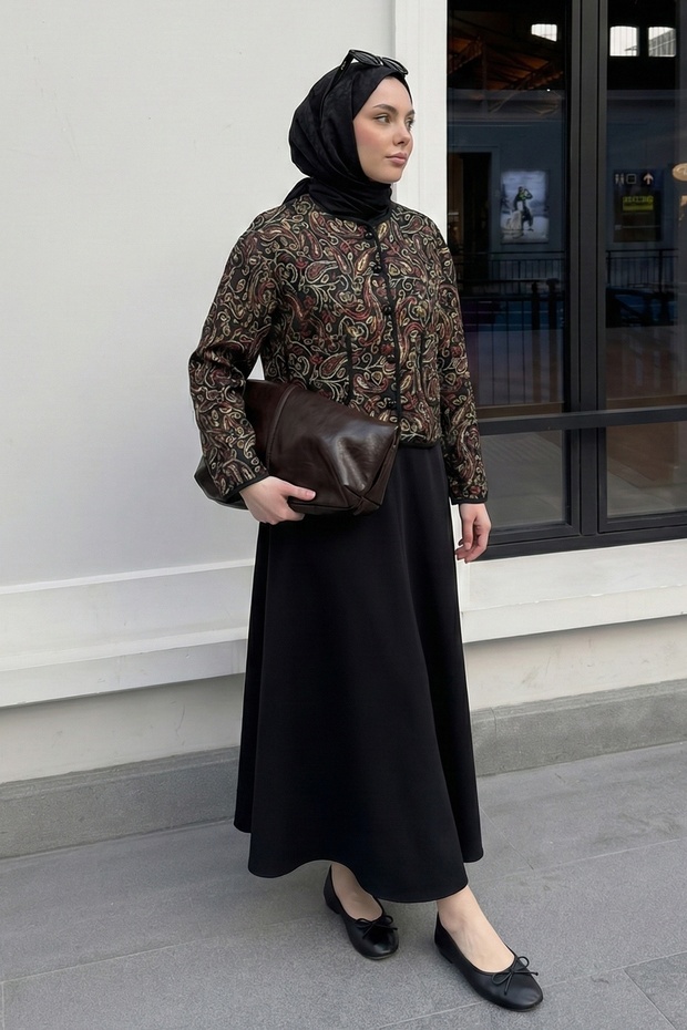 Ethnic Pattern Jacket Skirt Black Set - 5