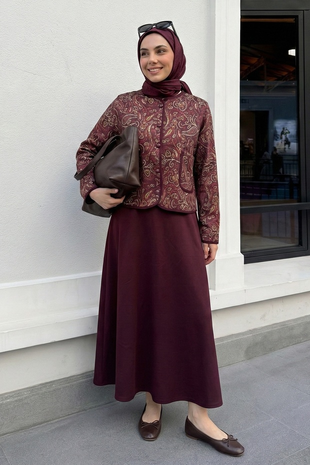 Ethnic Pattern Jacket Skirt Burgundy Set