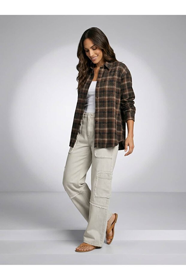 Taş İşlemeli Ekose Gömlek - 1