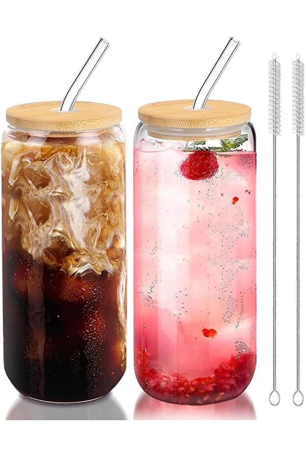 SKY-TOUCH 2 Pcs 550ml Glass Cups with Bamboo Lids and Straws