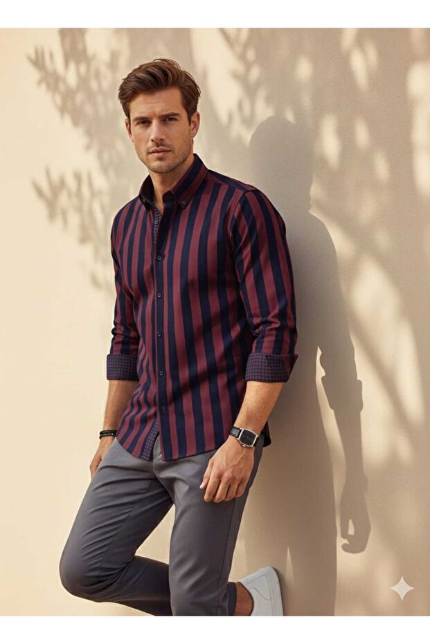 Wide Striped Long Sleeve Men's Shirt