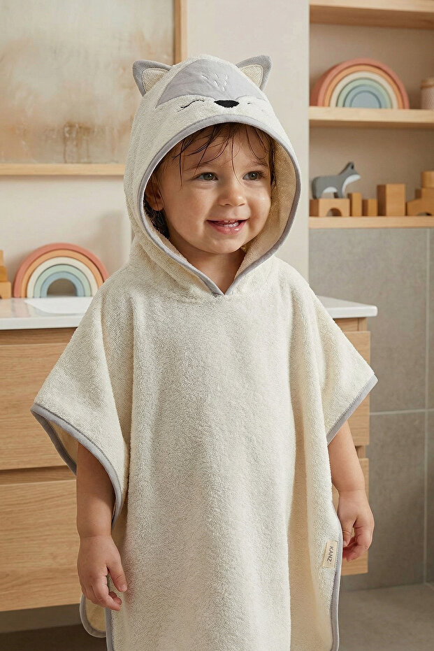Baby Poncho Bath and Beach Towel 100% Cotton with Hood and Embroidered Figures - Fox Gray