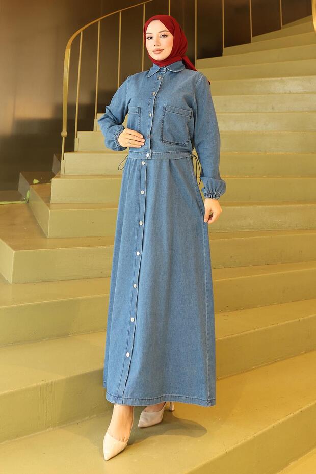 Buttoned Jacket Denim Suit Light Blue 19281 - 1