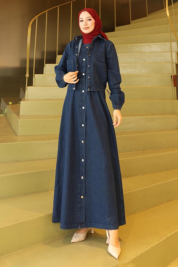 Buttoned Jacket and Jeans Set Dark Blue 19281
