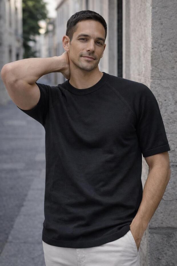 Beckett Raglan Sleeve Slim Knitwear Short Sleeve Men's T-Shirt - Black