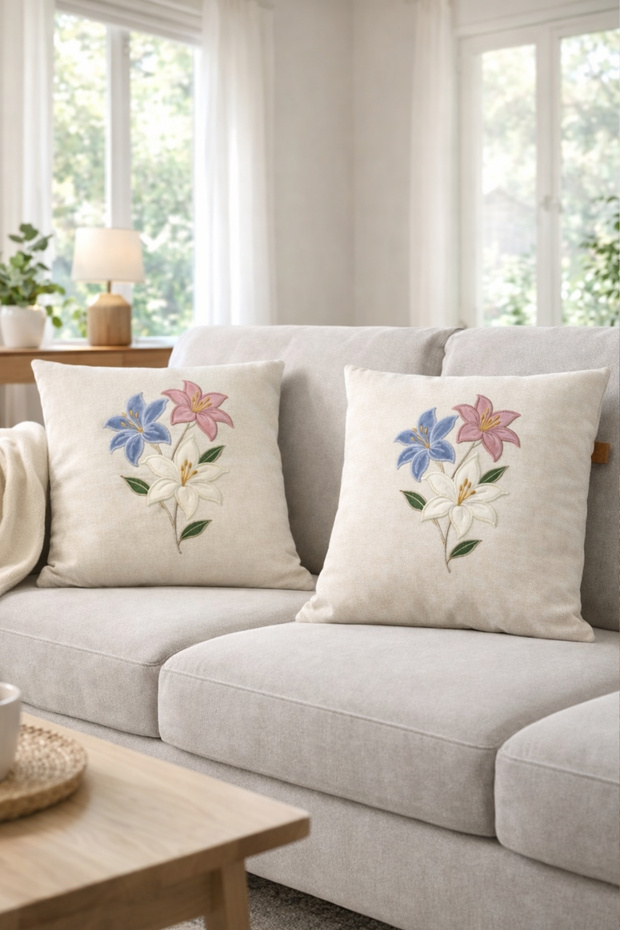 Embroidered Lily Appliqué 2-Piece Throw Pillow Cover Cream Color