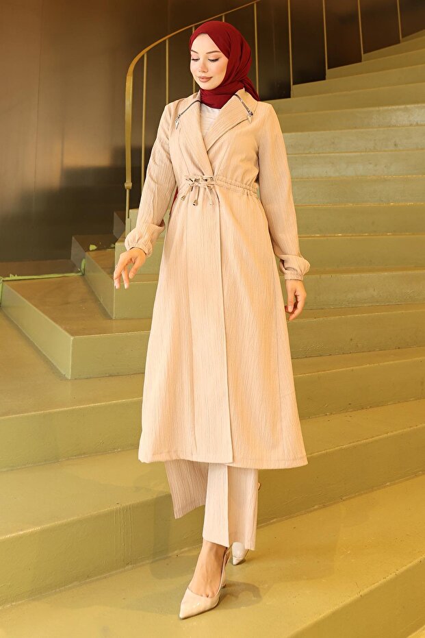 Collar Zipper Detailed Suit Beige 19276