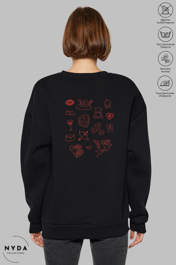 Women's Sticker Love Printed Crew Neck Hoodless Oversized 100% Cotton Combed Cotton Sweatshirt