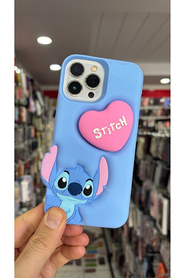 حافظة سيليكون متوافقة مع هاتف iPhone 13 Pro Max مع غطاء Stitch Popsocket باللون الأزرق - 1