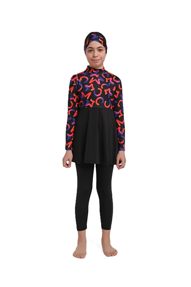 Girl's Pleated Long Sleeve Full Covered Hijab Swimsuit