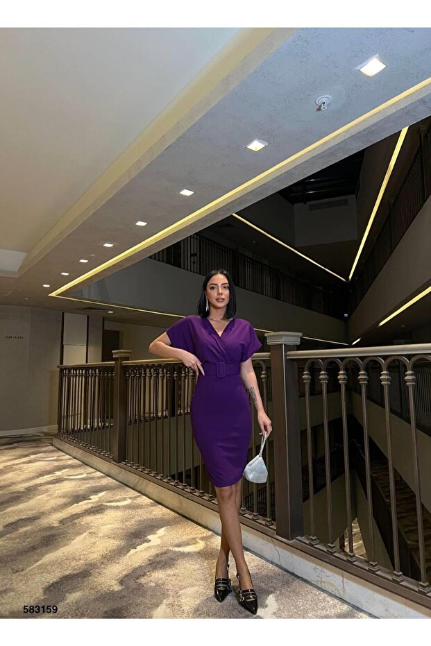 Purple Double Breasted Collar Pencil Dress 583159