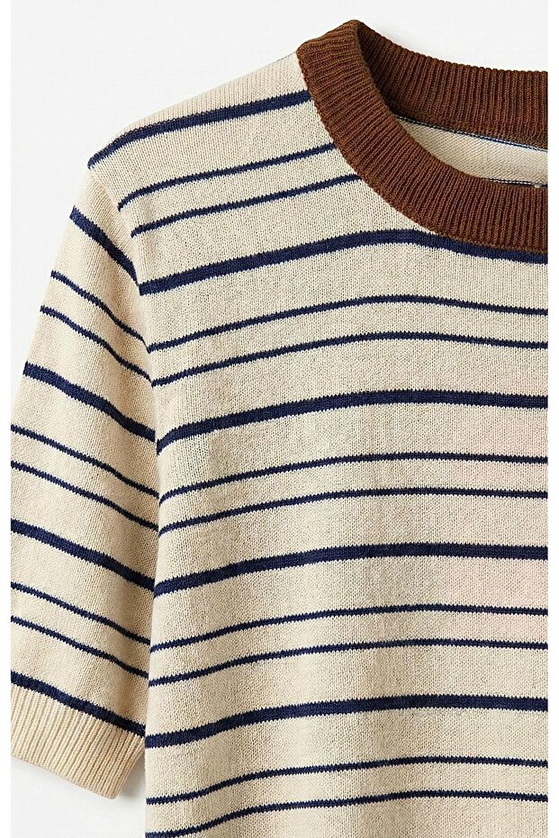 Çizgili Triko Krem - 4