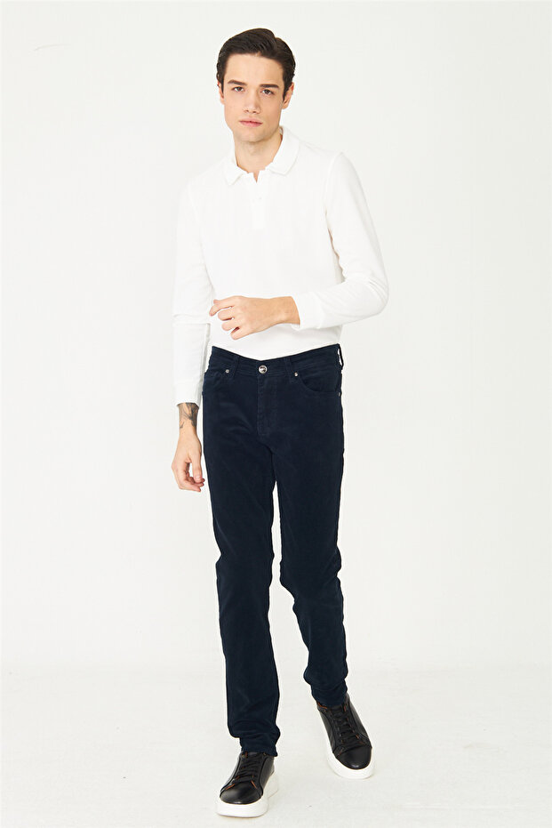 Navy Blue Straight Cut Corduroy Casual Trousers