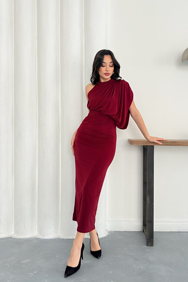 Rochie lungă, elegantă, drapată, cu un singur umăr - 1