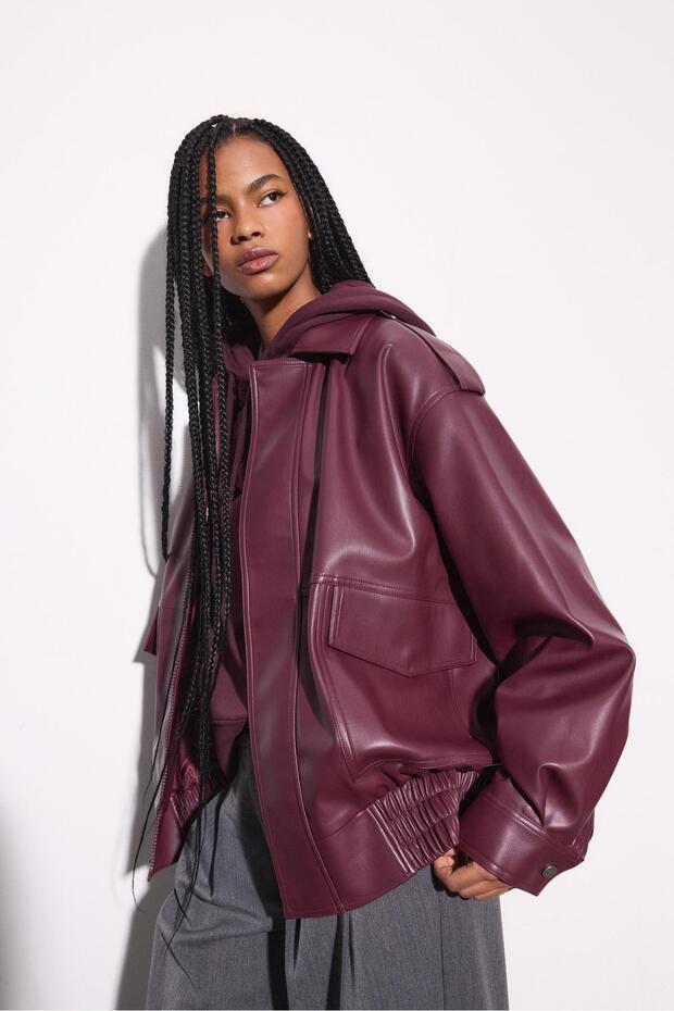 Oversize suni deri biker ceket - 1