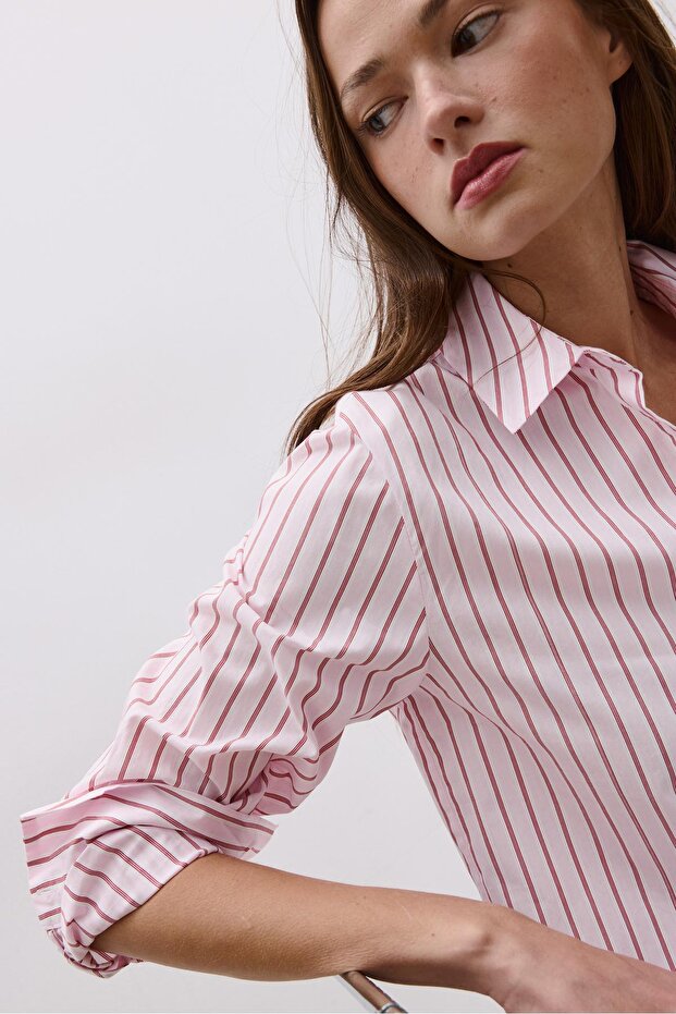 Basic çizgili poplin cepli gömlek - 4