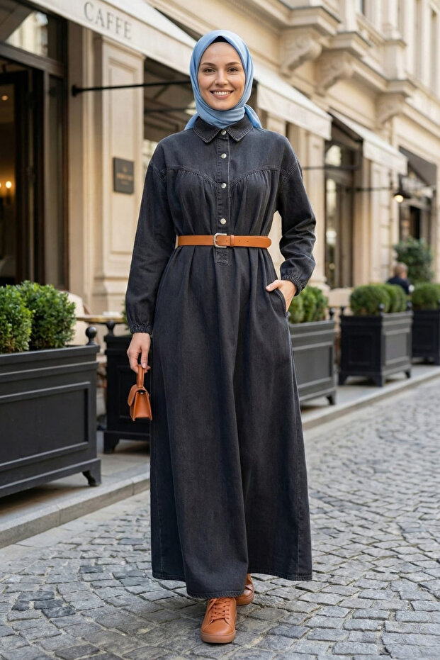Women's Belted Buttoned Black Denim Hijab Dress