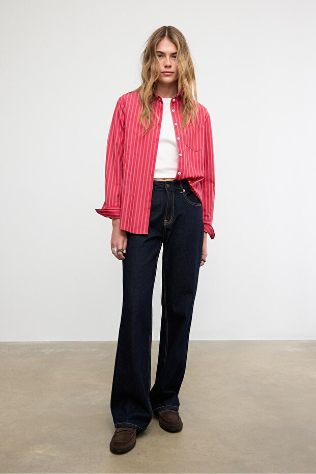 Basic çizgili poplin cepli gömlek - 2