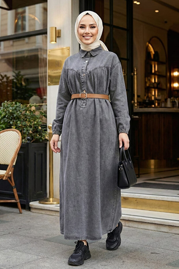 Women's Belted Buttoned Gray Denim Hijab Dress