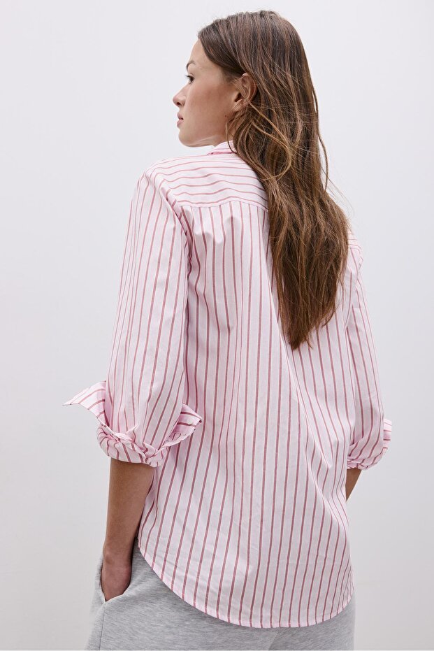 Basic çizgili poplin cepli gömlek - 5