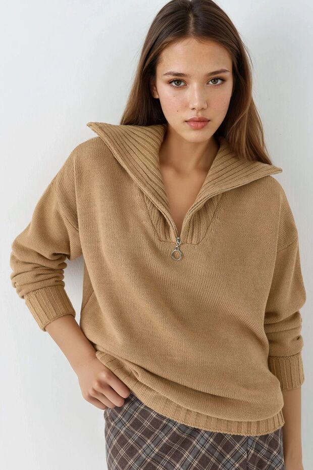 My Fashion Zippered Collar Oversized Knitwear Sweater