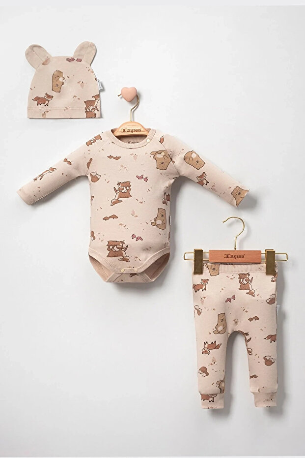 Karaca Patterned 100% Cotton 3-Piece Baby Boy Set with Hat