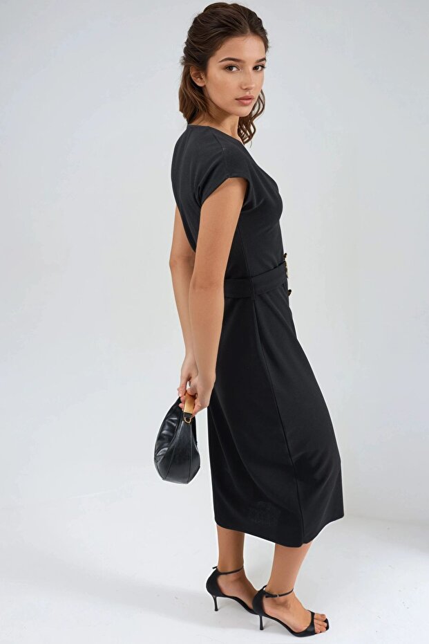 BUSEM Kemerli V Yaka Midi Elbise - 4