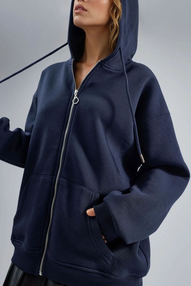 BUSEM Kapüşonlu Oversize Fermuarlı Ceket - 5