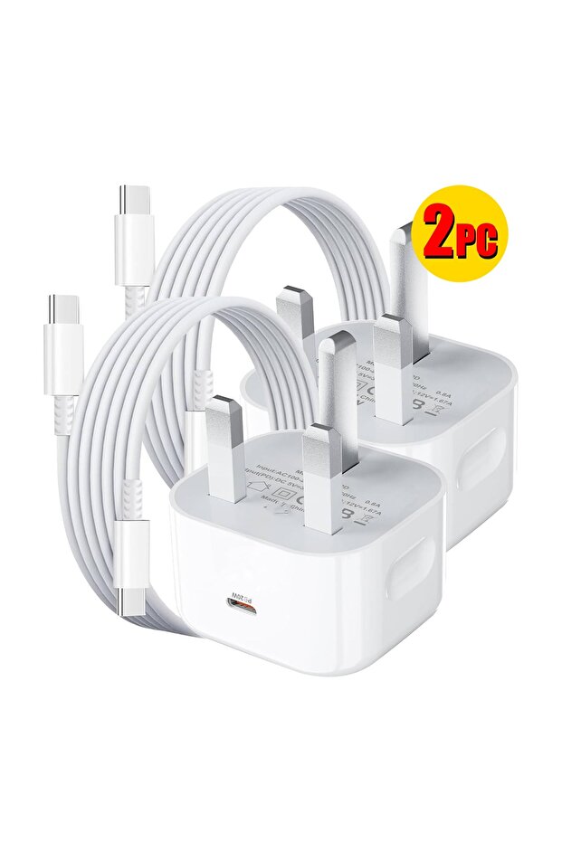 شاحن حائط ثنائي القطع بقوة 35 واط مع كابل قماشي USB-C إلى USB-C للشحن السريع بتقنية PD - أبيض