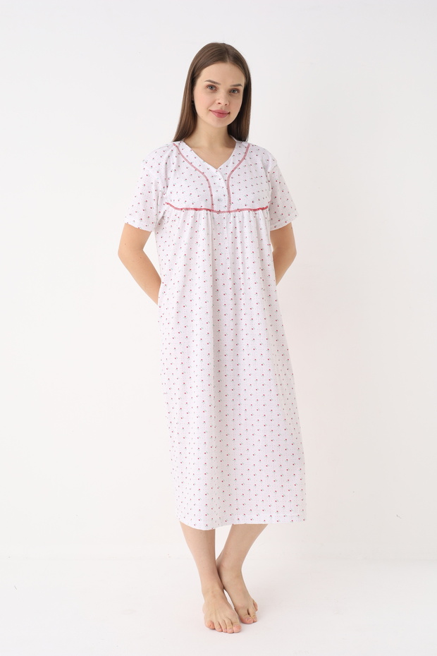 Women's Cotton Short Sleeve Patterned Long Nightdress