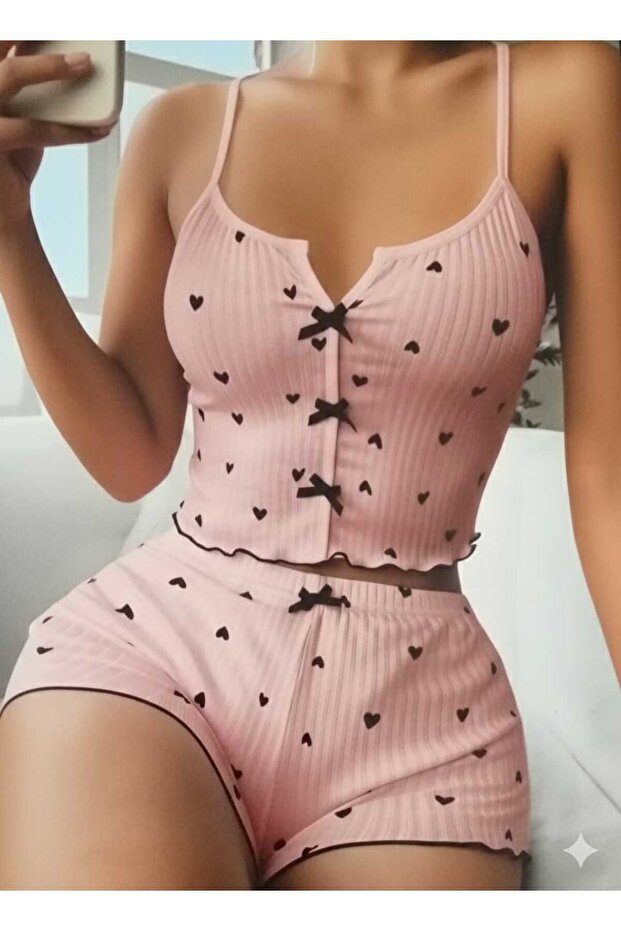 Pink Heart Patterned, Bow Detailed Ribbed Shorts Pajama Set