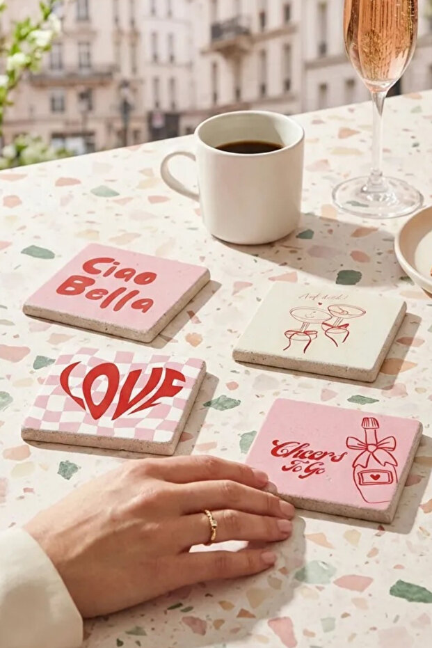 Love and Ciao Bella Themed Pop Art Natural Stone Travertine Coasters Stone Coasters Set of 4