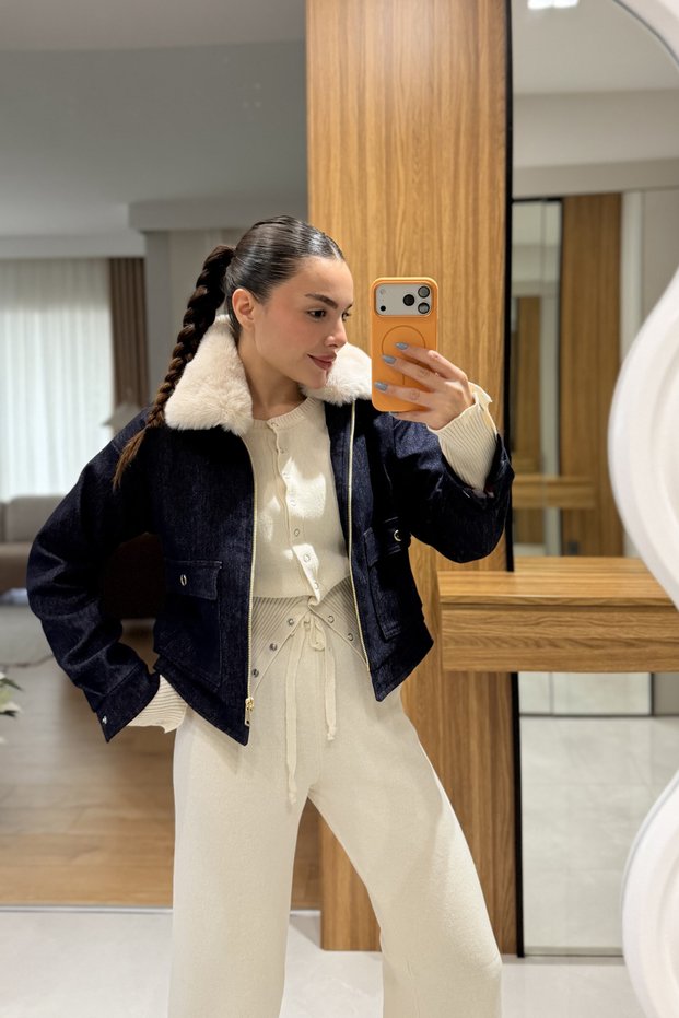 Women's Plush Collared Denim Jacket