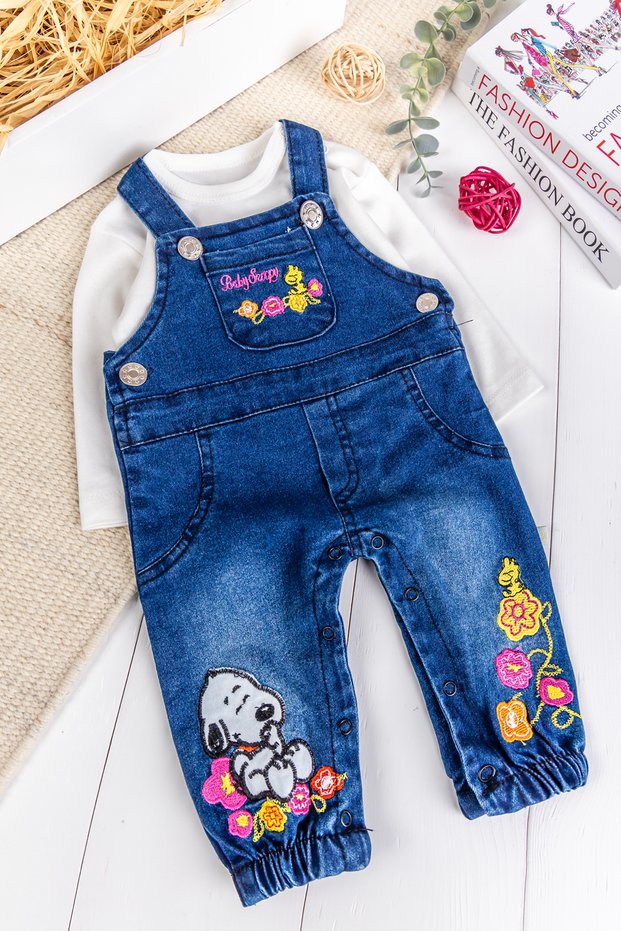 Floral Embroidered Denim 2-Piece Baby Girl Salopet Jumpsuit