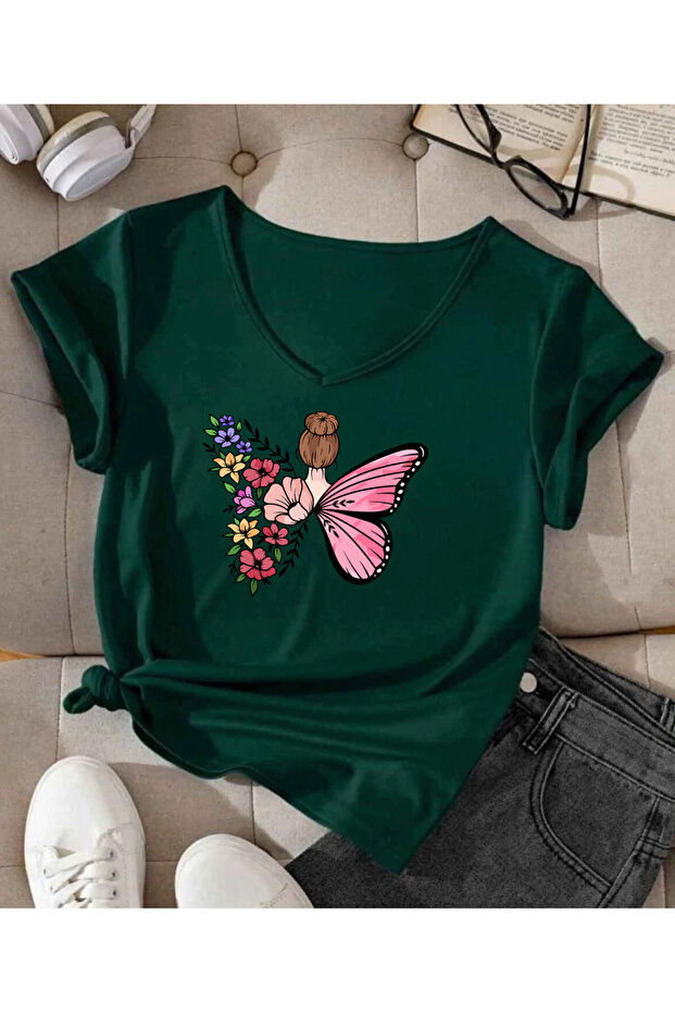 Butterfly Printed V-Neck Short Sleeves Cotton Combed Women's Tshirt