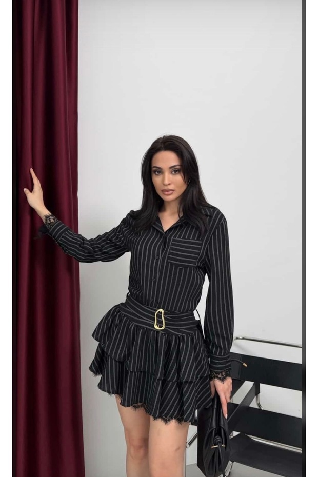 Women's Skirt Layered Lace Detailed Striped Buckle Mini Dress