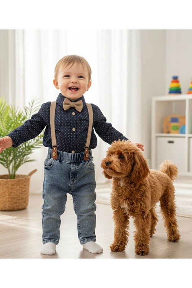 Baby/Child Boy Set with Bow Tie, Suspender Belt, and Lycra Jeans