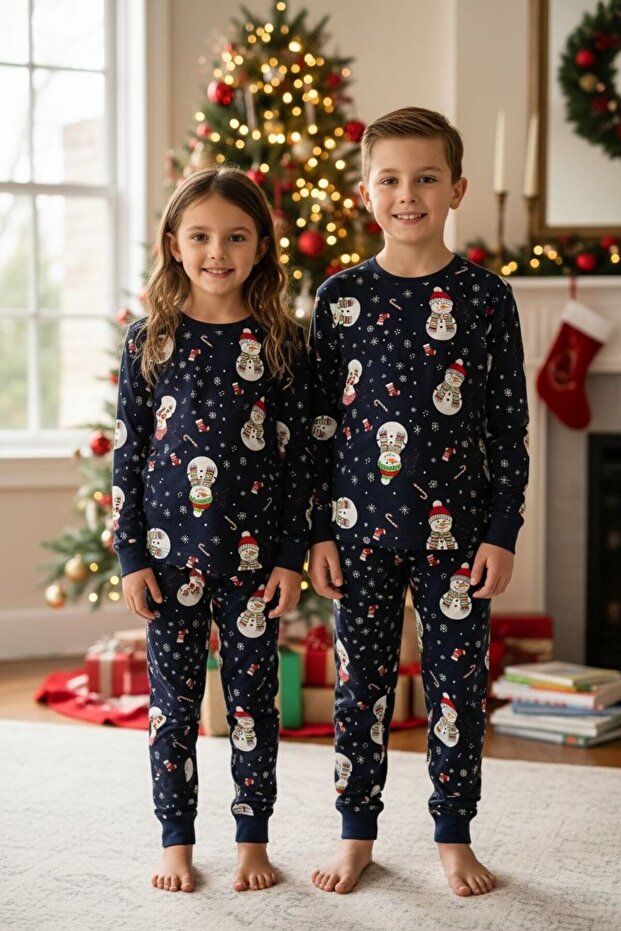 Unisex Children's Pajama Set Navy Blue Color Snowman Patterned 100% Cotton Long Sleeve