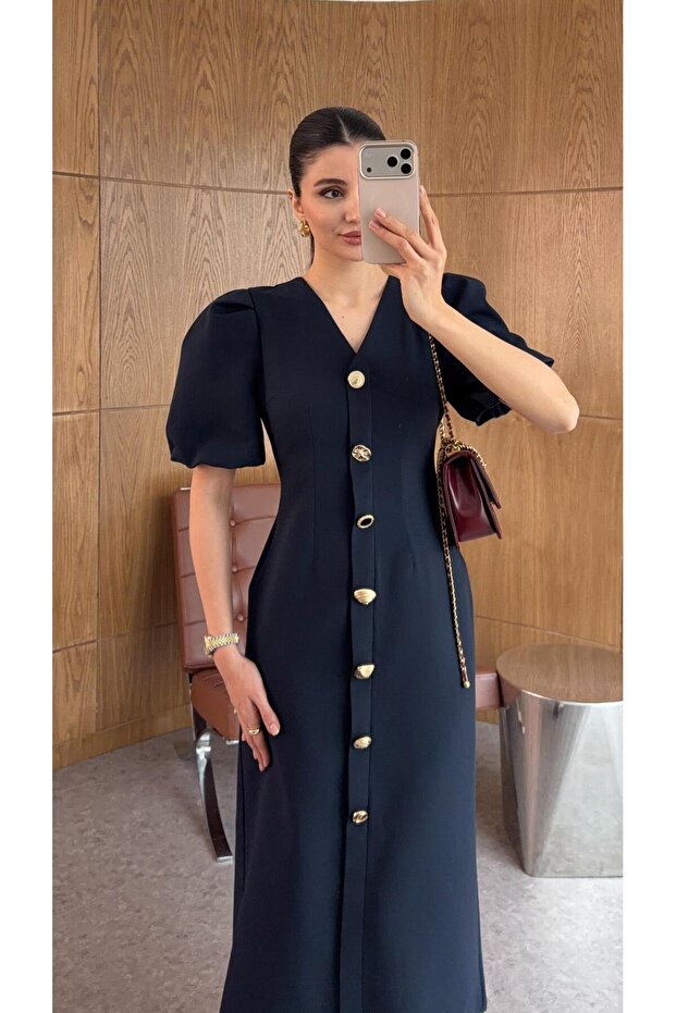 Button-Front Navy Blue Dress