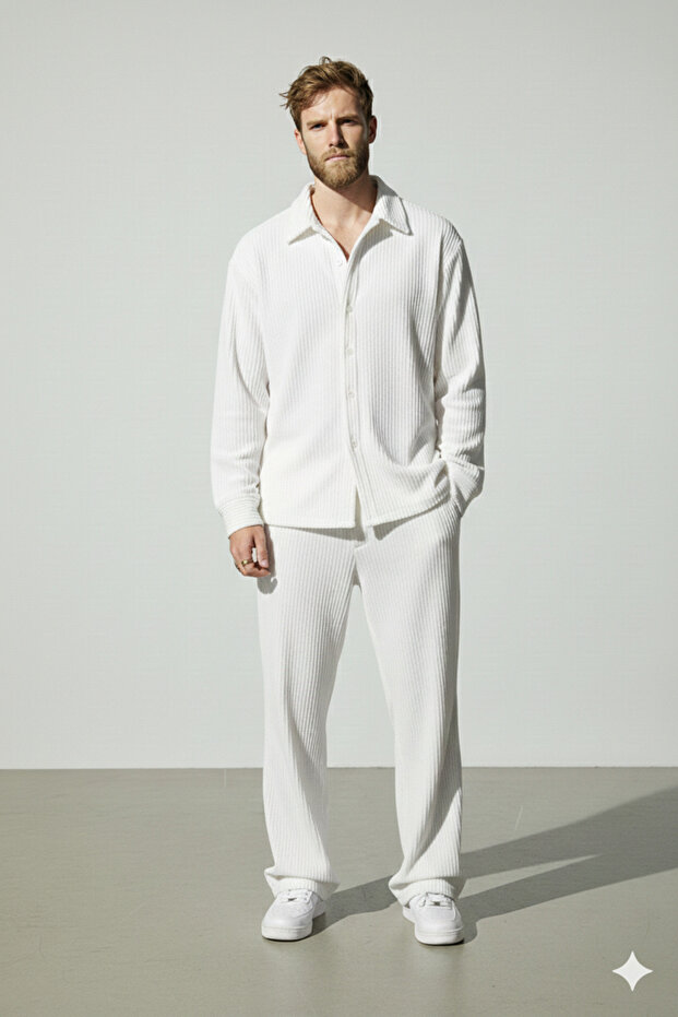Men's White Ottoman Ribbed Shirt and Trousers Set, Casual Style, Pipe Leg