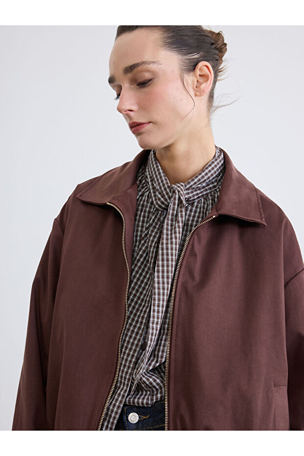 Brown Shirt Collar Oversize Women's Suede Look Jacket