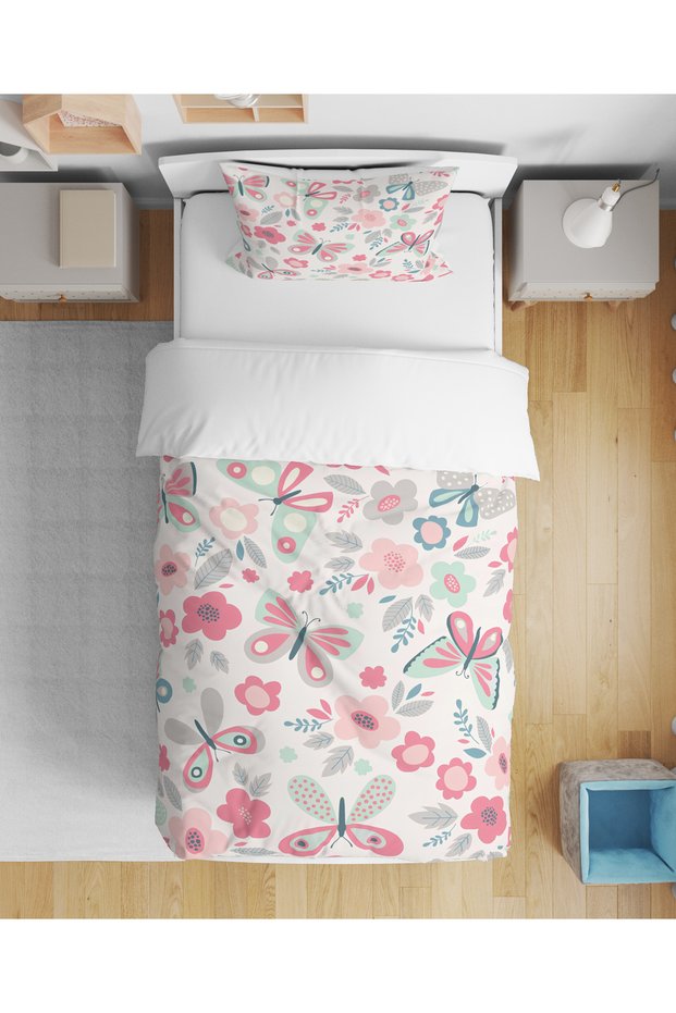 Colorful Butterfly Patterned 3D Digital Printed Single Size Young Girl's Duvet Cover Set Without Sheets