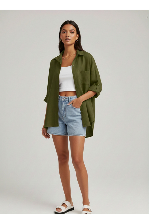 Oversized Linen Textured 100% Cotton Single-Pocket Loose Shirt