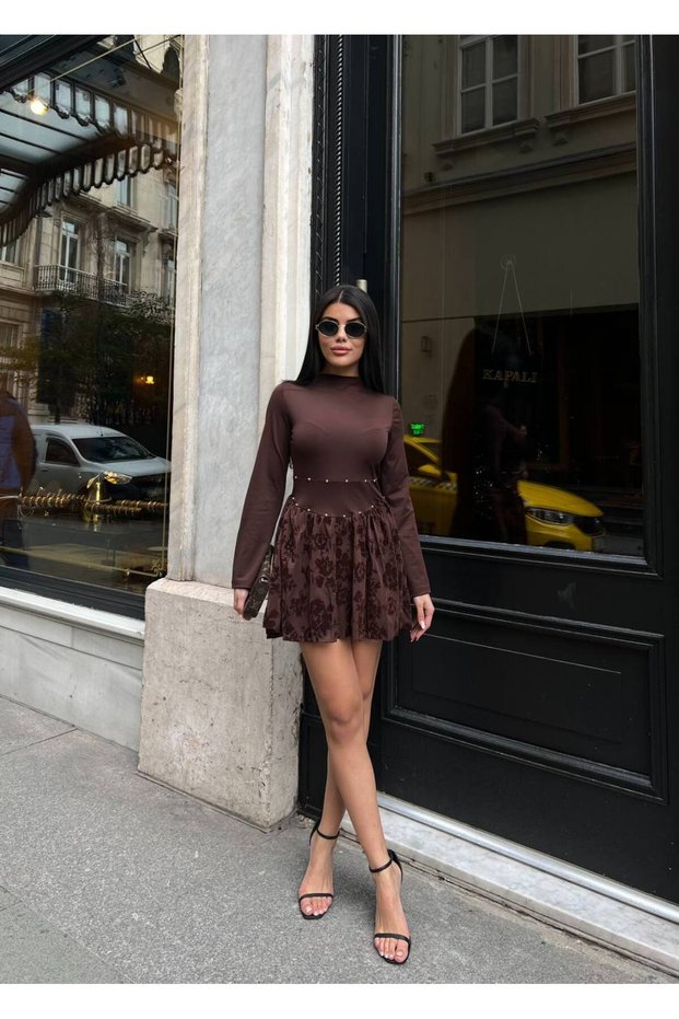 Women's Brown Pearl Detailed Mini Dress