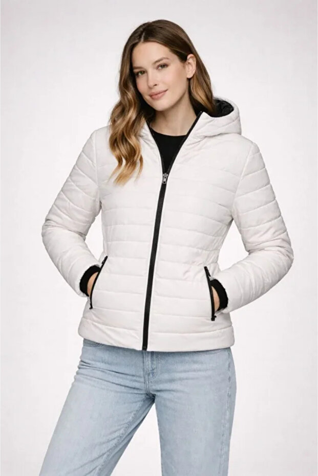 Inflatable Hooded Zippered Jacket Water Repellent Quilted Lining Fabric Pocket Winter Comfortable Fit