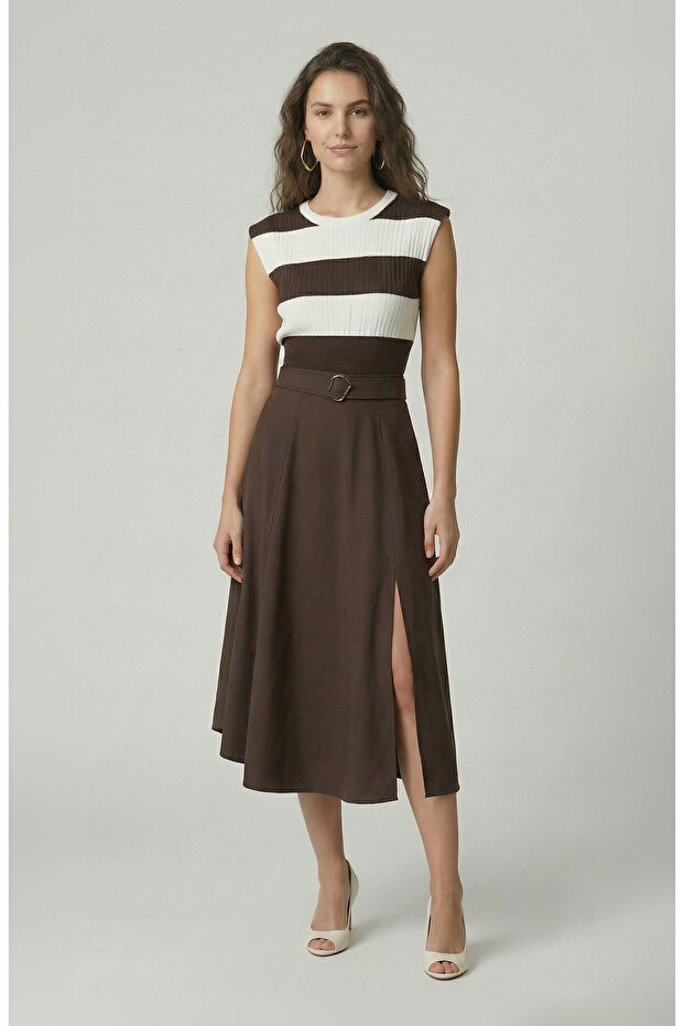 Acı Kahve Yırtmaçlı Etek - 1