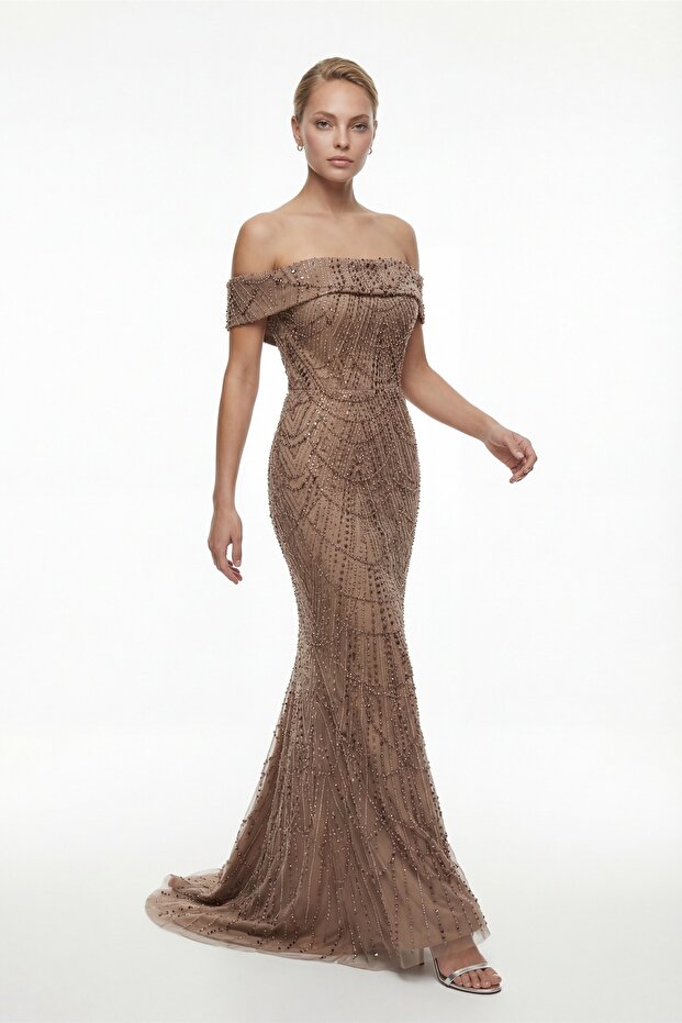 Women's Taupe Boat Neck Beaded Long Evening Dress