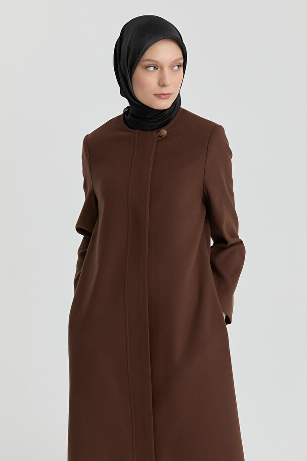 Gizli Pat Düğmeli Basic Manto - Kahve - 3